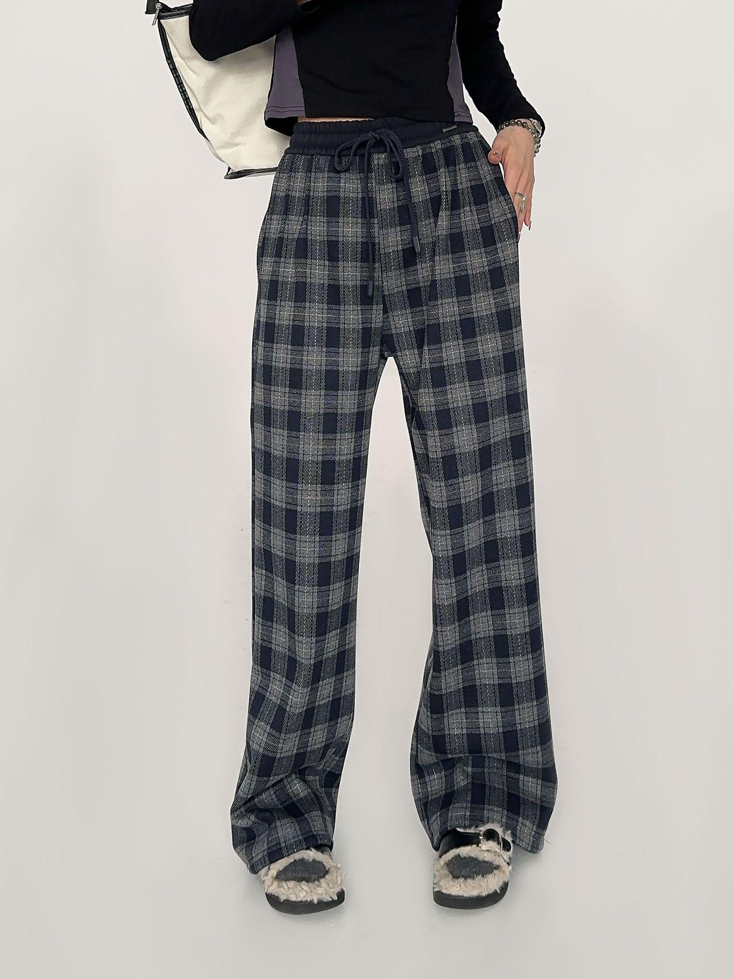 

Women s Winter 2025 Fleece-Lined Plaid Wide-Leg Pants - Relaxed Fit, Tall Elastic Waist, Vintage Style Large (165cm-170cm)