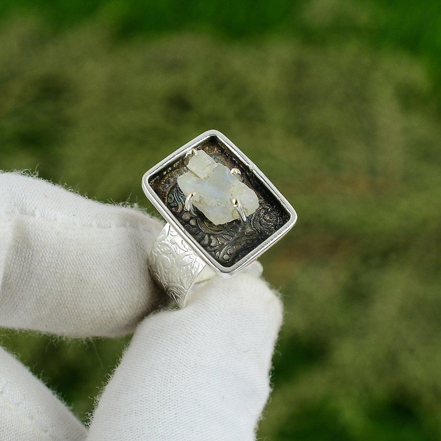 Natural Rainbow Moonstone Rough Statement Adjustable Ring 925 Silver Adjustable