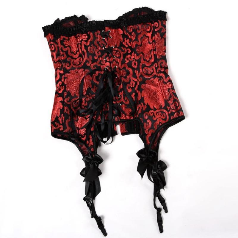 Red Embroidered Lace Corset With Garters European Court Bustier