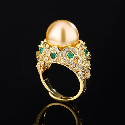 Jewelry Inlaid Gold White Bead Light Gold Retro Diamond Inlaid Ring 14Mm