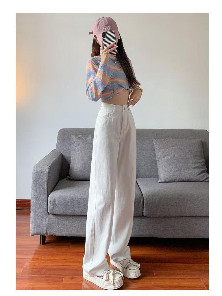 Women's White High Waist Wide Leg Jeans - Summer Thin, Plus Size, Versatile, Floor Length