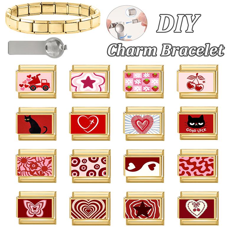 Romantic Red Strawberry Tai Chi Eyes Cat Star Golden Charm Links 9mm Bracelets Bangle Stainless Steel Girls' DIY Making Gifts