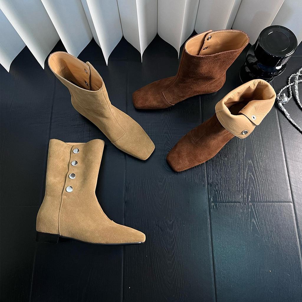 Vintage niche suede square toe western cowboy boots for women fall and winter with thick heels and lapels for two wear with Martin boots and booties