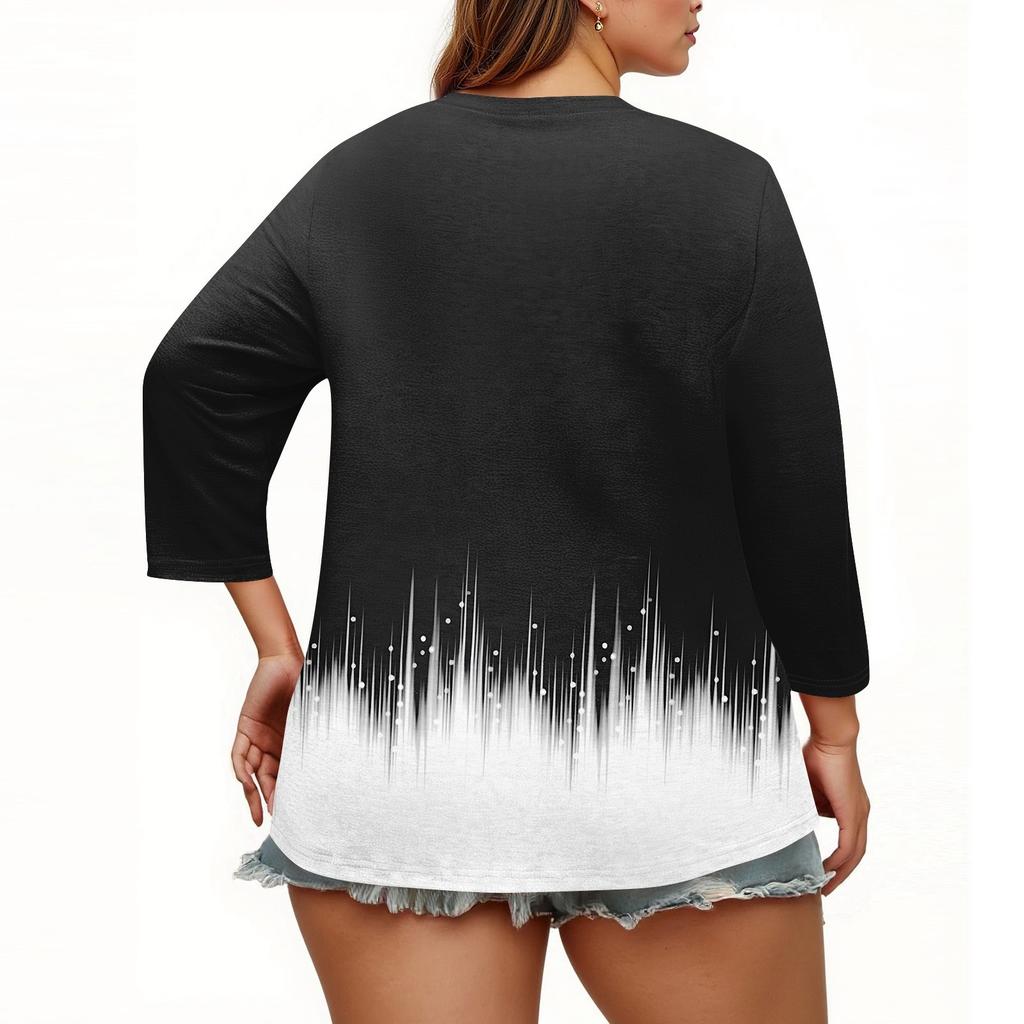 Women's Floral Print Three Quarter Sleeve Button V Neck Blouse Plus Size Loose Casual Shirt for Everyday Wear