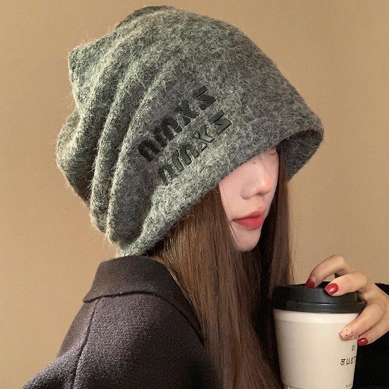 Wool gray knitted pile hat women's autumn and winter big head circumference warm hat ear protector head cold hat showing small face