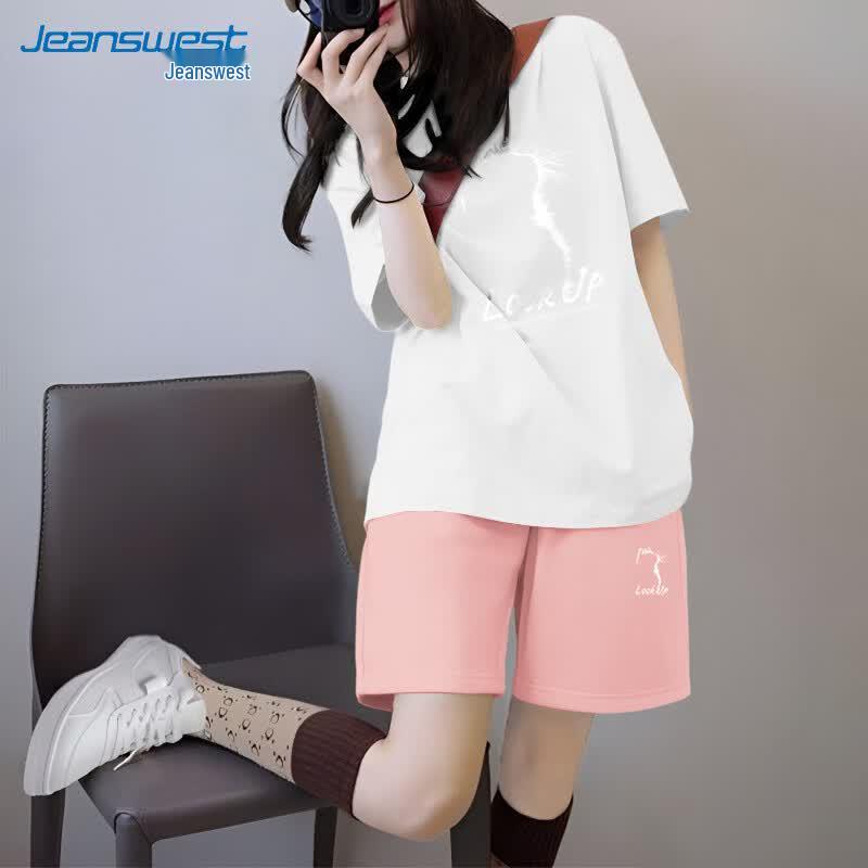 Jeanswest Women's Summer Cat Print Cotton T-Shirt & Shorts Set