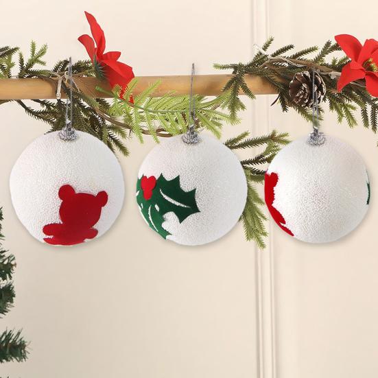 Christmas Ball Ornaments White Foam Balls with Leaf/Bear Pattern Xmas Tree Hanging Ornaments for Holiday Home Tree Decor