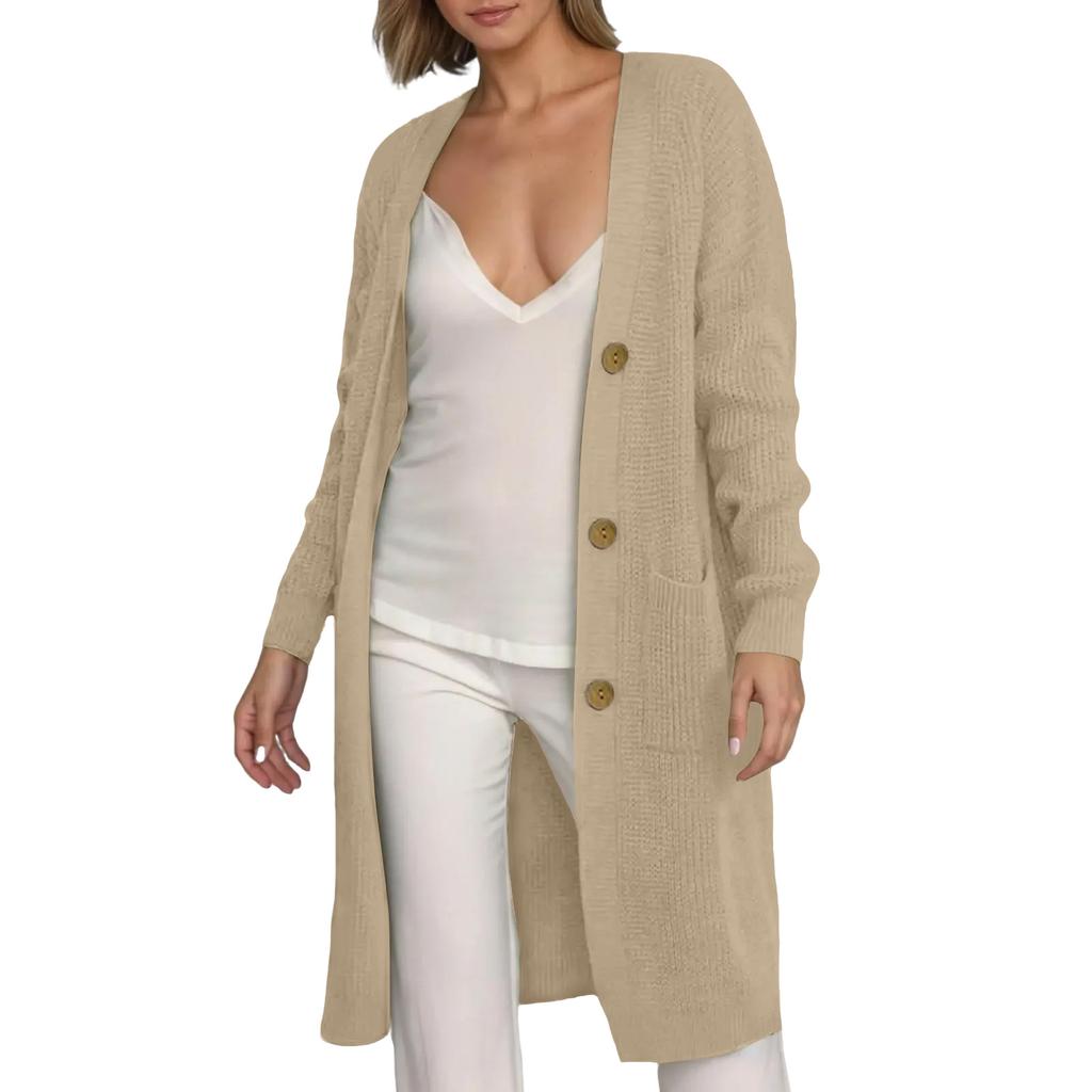 Women's Solid Color Long Sleeved Knee Length Knitted Cardigan, Lazy Trend, Medium Long Hair Jacket