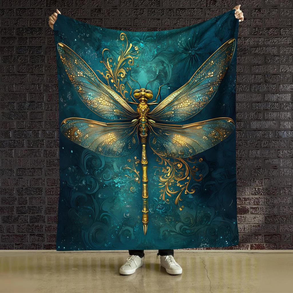 Luxury Gold Dragonfly Vintage Pattern Throw Blanket - Elegant Art Deco Motif Soft Lightweight Accent for Sofa Bed Travel Gift