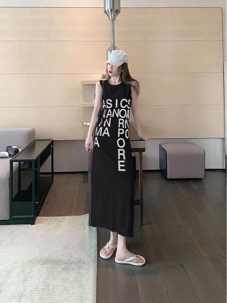 Summer Sleeveless French Letter Split Long Dress - Women's Loose Over-the-Knee Skirt