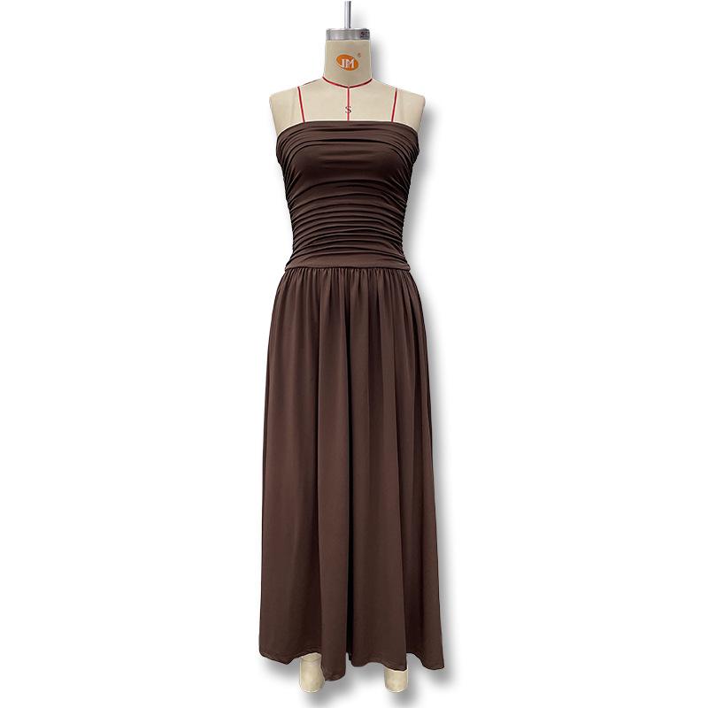 Abito Maxi Donna Senza Spalline a Tubo Vita Arricciata Colore Unico Svasato Lunghezza Pavimento Estivo Casual Vacanza al Mare Abito Lungo