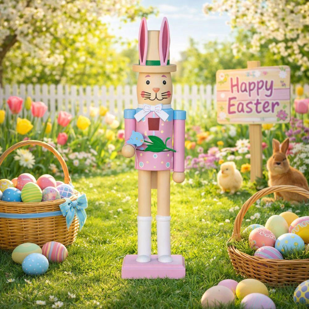 Kid Gift Cute Easter Rabbit Nutcracker Smooth Handmade Wooden Bunny Statue Realistic Bunny Nutcracker Figures Party Scene Prop