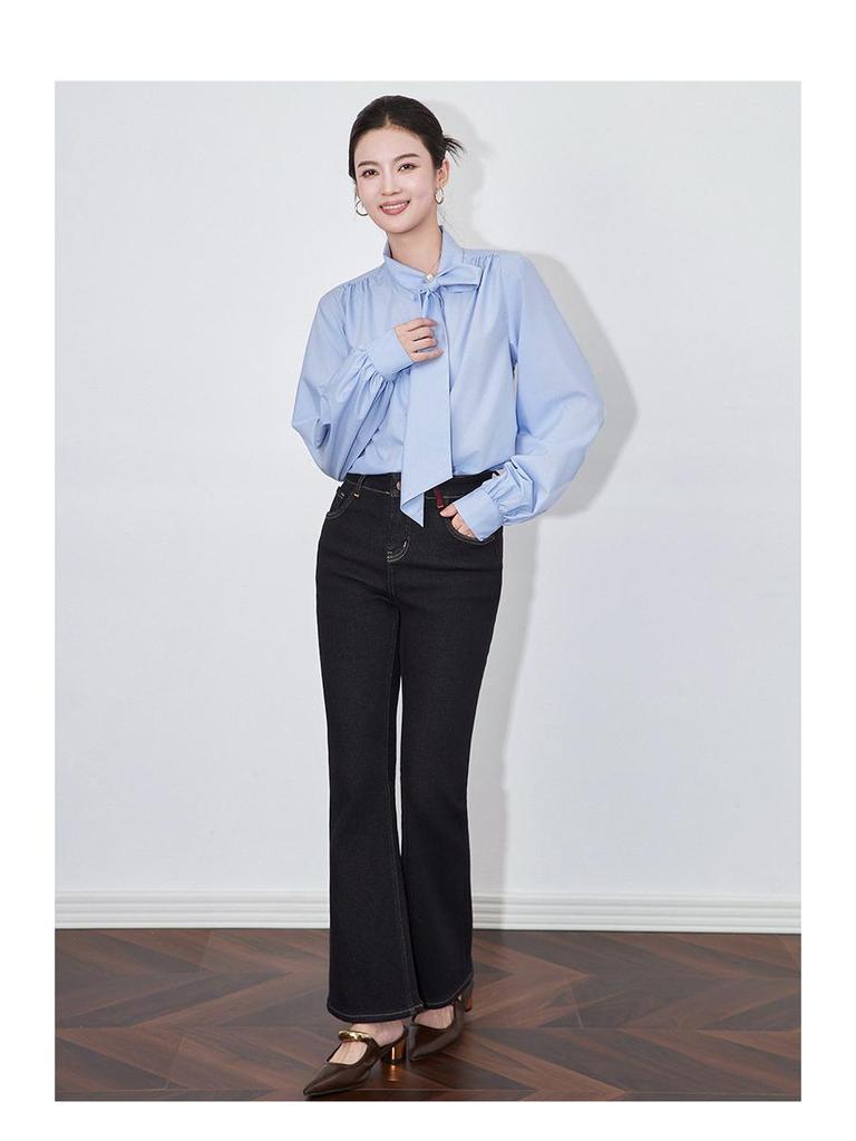 Commuting Coolness Lantern Sleeve Beaded Ribbon Women's Loose Top, Autumn/Winter Style