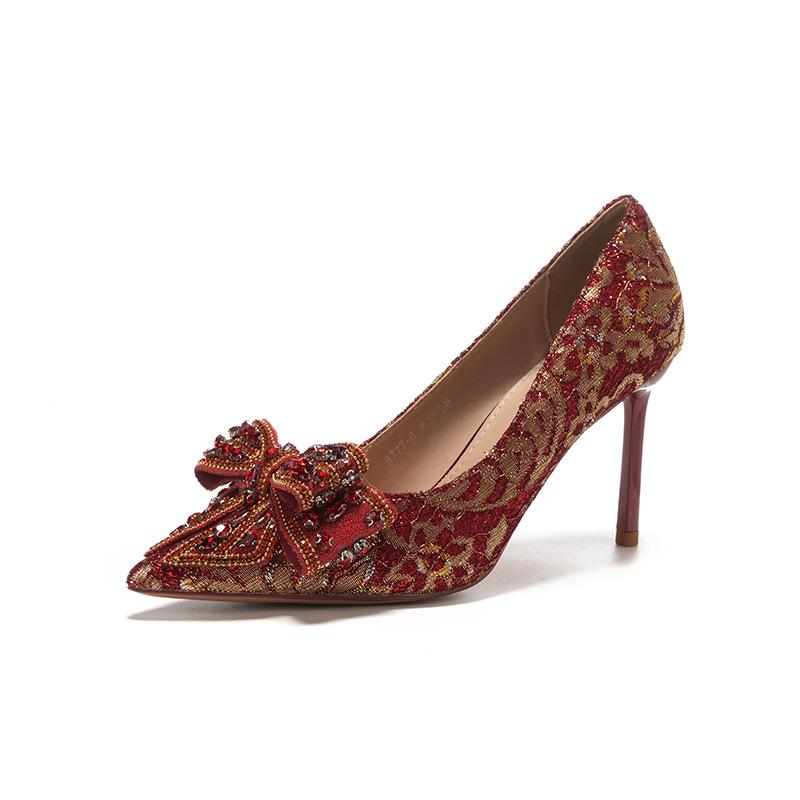 

Туфли на шпильке с острым носком, атласные туфли с бантом, праздничные красные туфли на каблуке, свадебные туфли, туфли для подружек невесты 40