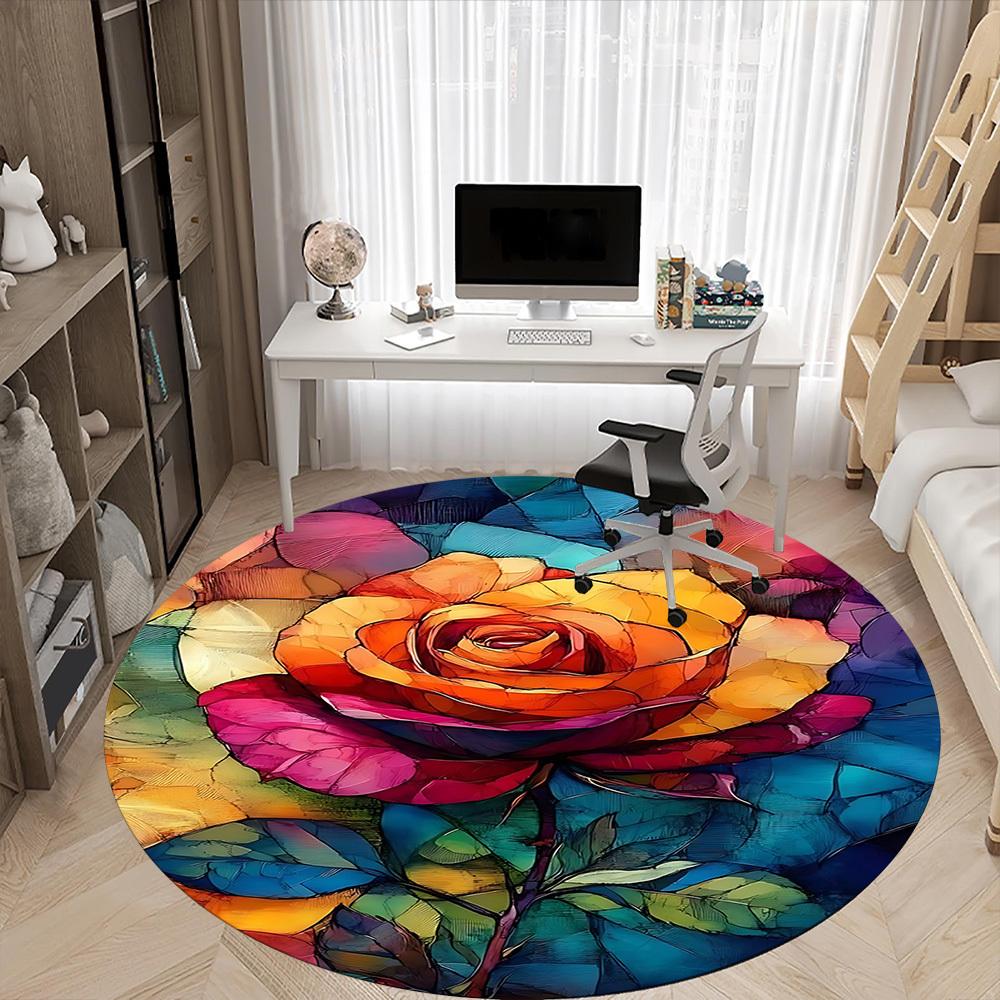1pc Rose Bloom Office Round Area Rug, Under Office Chairs Bedroom Living Room Home Decor, Room Deco