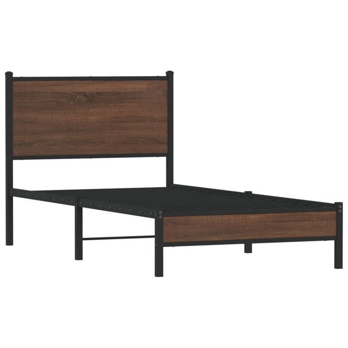 VidaXL Metal Bed Frames with Brown Oak Headboard 90x200 Cm, Single Bed, Bedroom Furniture, Guest Bed, 4007915