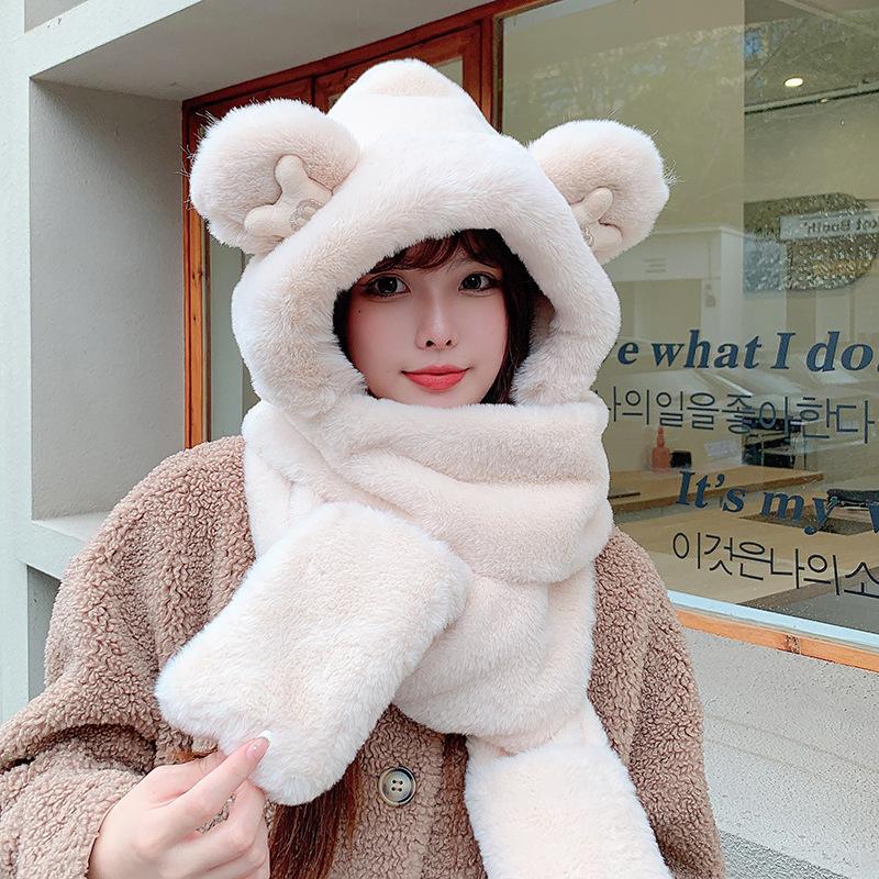 Autumn and winter new cute plush rabbit ears cat claws hat scarf three-piece set women's warm and cold ear protection cycling