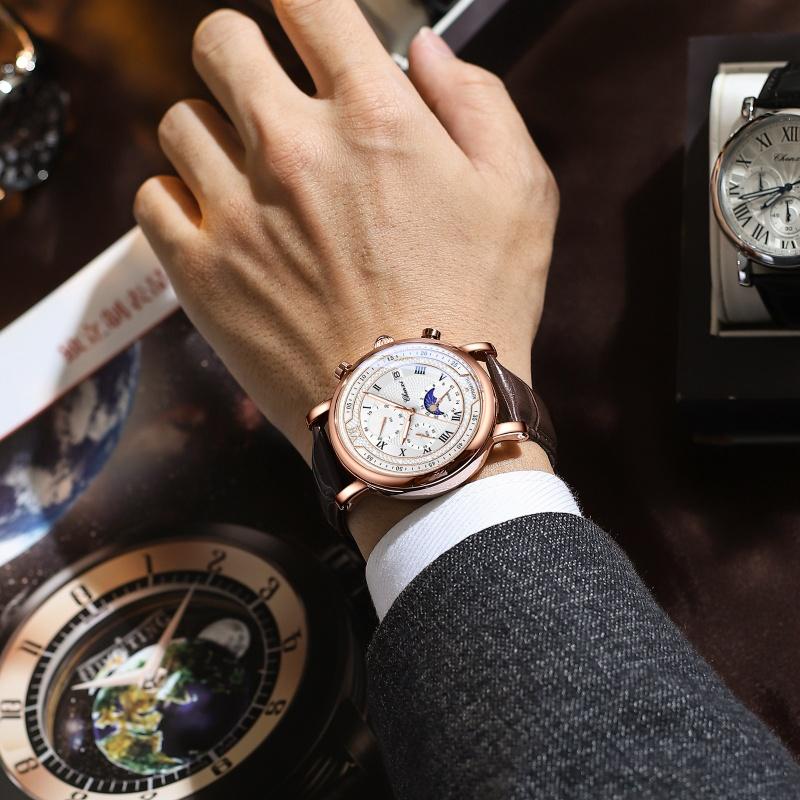 CHENXI 976 Men's Quartz Wristwatch Calendar Moon Phase Leather Strap Waterproof Business Luminous Chronograph Watches for Men