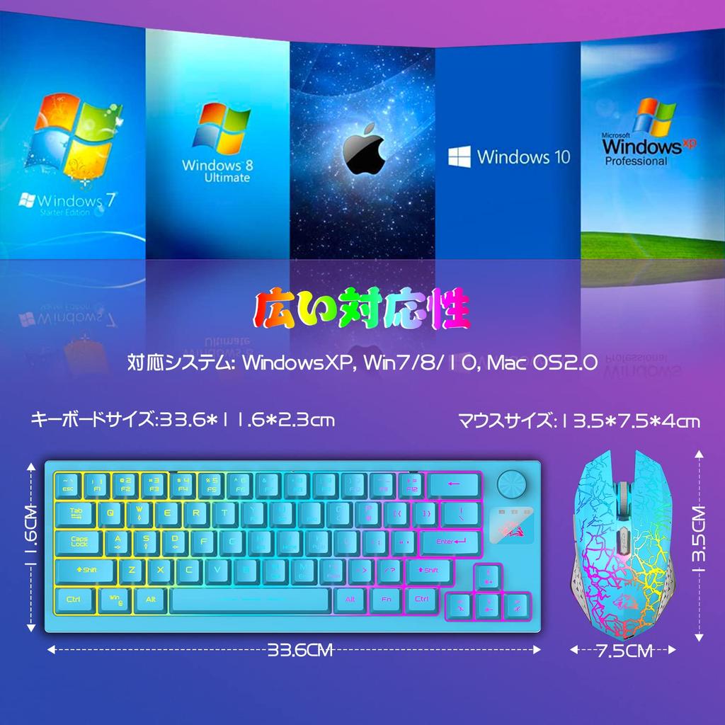 Gaming Tastatur und Maus RGB 4000mAh Sehr leise Kompatibel mit Japanischer Bedienungsanleitung im Set enthalten, Tenkeyless, Kabellos, 60% Kabellos, Dünn,