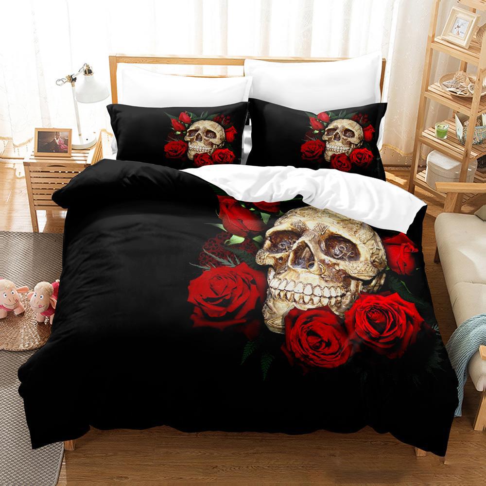 Roses and Skulls All Season Twin Bedding Set Single Twin Full Queen King Size Bed Set Aldult Kid Bedroom Duvetcover Sets Anime