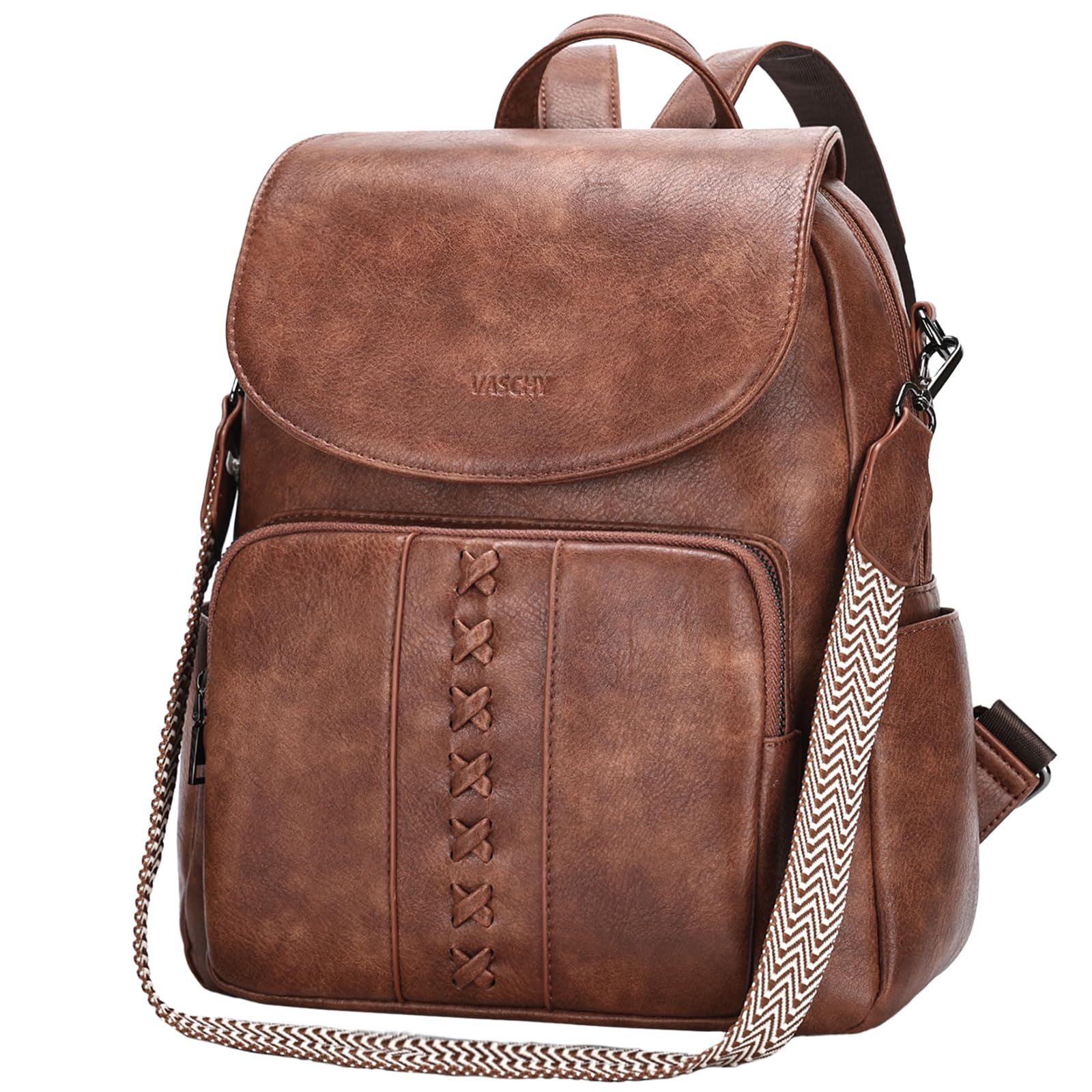 

VASCHY Women s Backpack, Small, Water-Repellent PU Leather Backpack with Flap, 3-Way, Shoulder Bag, Handbag, and Guitar Shoulder Strap, Brown, for