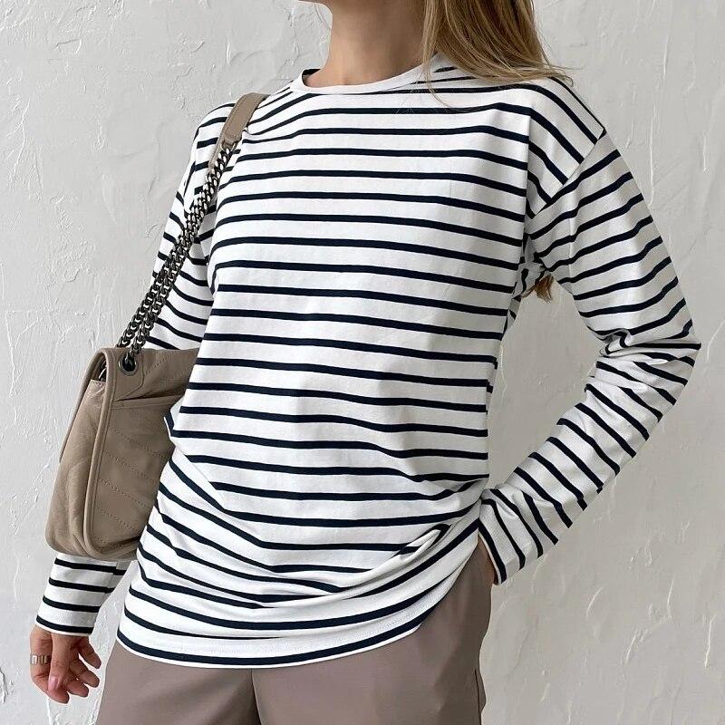 Fashion Loose Casual Cotton Long Sleeve Striped T-shirts Elegant Office-lady O-neck Soft Tops Autumn Women Clothes 29678