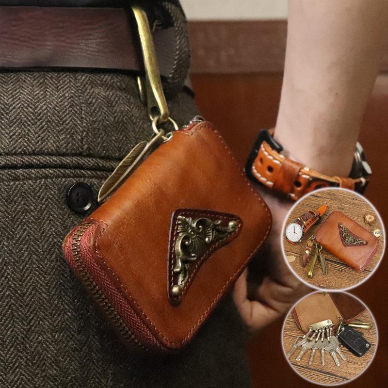 New Top Layer Cowhide Waist Hanging Key Bag for Men, Vintage Vegetable Tanned Leather, Hand Polished and Used Zipper, Home Key Bag