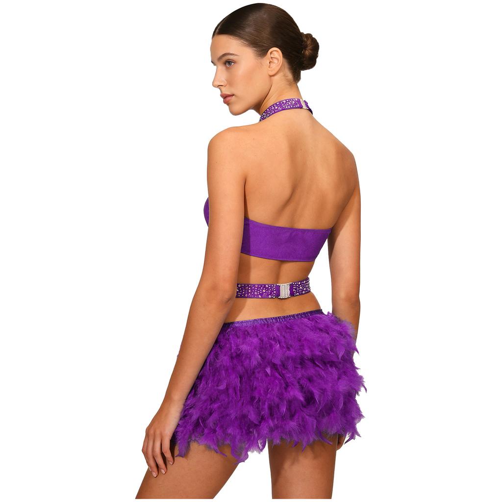 Damen Funkelnde Strass Tanz Bodysuit Kunstfeder Akzente Neckholder Rückenfrei Ärmellos Leotard Latein Kostüm