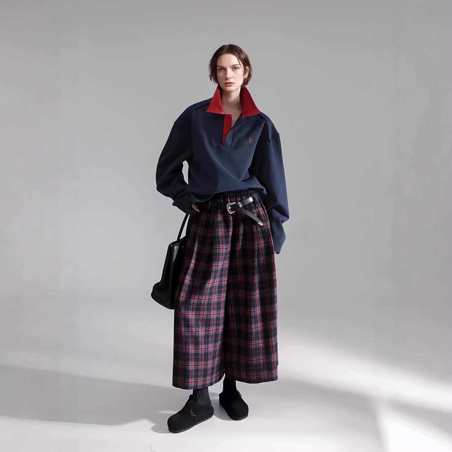 High-Waisted Plaid Wool-Blend Wide-Leg Skirt Pants - Slimming and Loose Fit Large