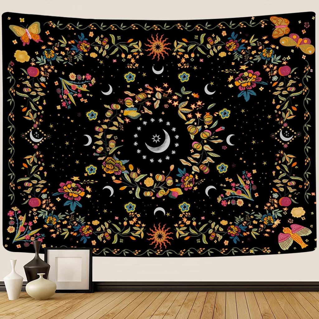 Wandkleed - Boheems Bloemenranken Wanddecoratie Hemelse Zon Maan en Sterren Wandkleed voor Hippie Woondecoratie - Slaapkamer Esthetiek