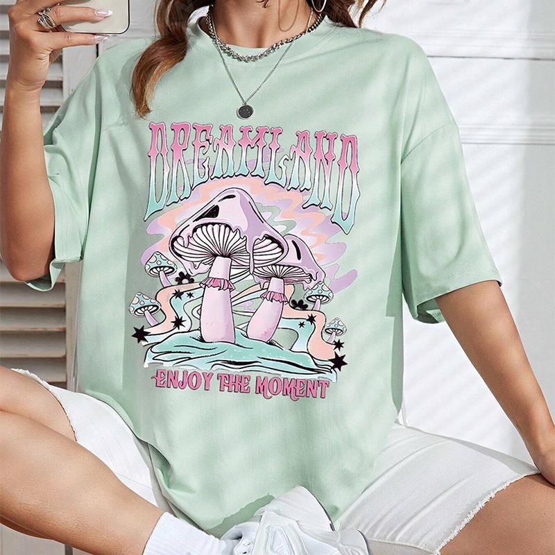 

Модная женская креативная футболка с принтом грибов и букв, забавная повседневная футболка с круглым вырезом и короткими рукавами, летняя женская футболка 8XL зелёный