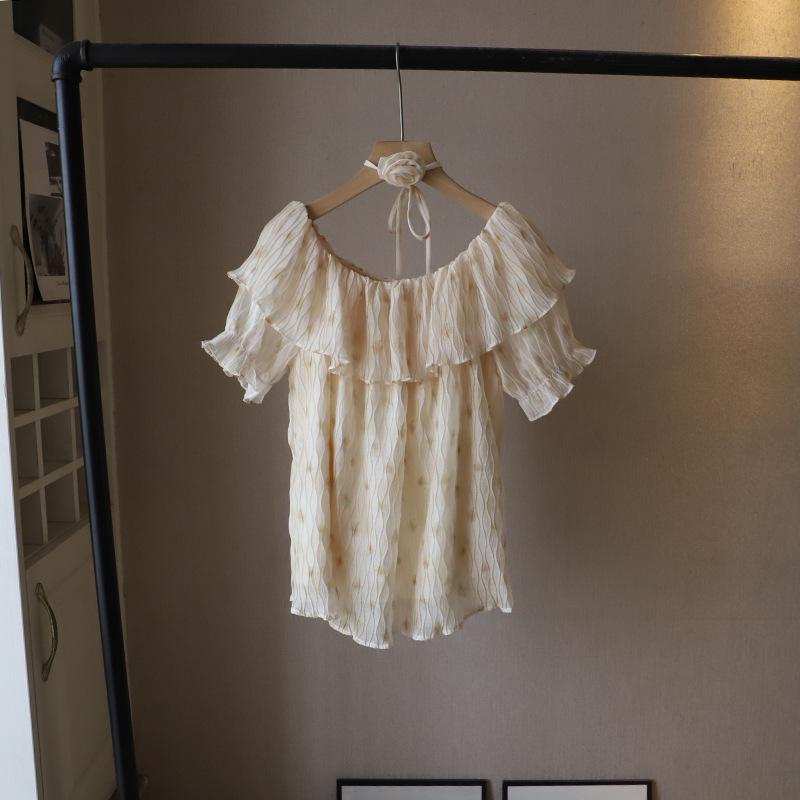 

2025 Summer French Ruffle Off-Shoulder Floral Halter Short-Sleeve Women s Shirt One Size жёлтый