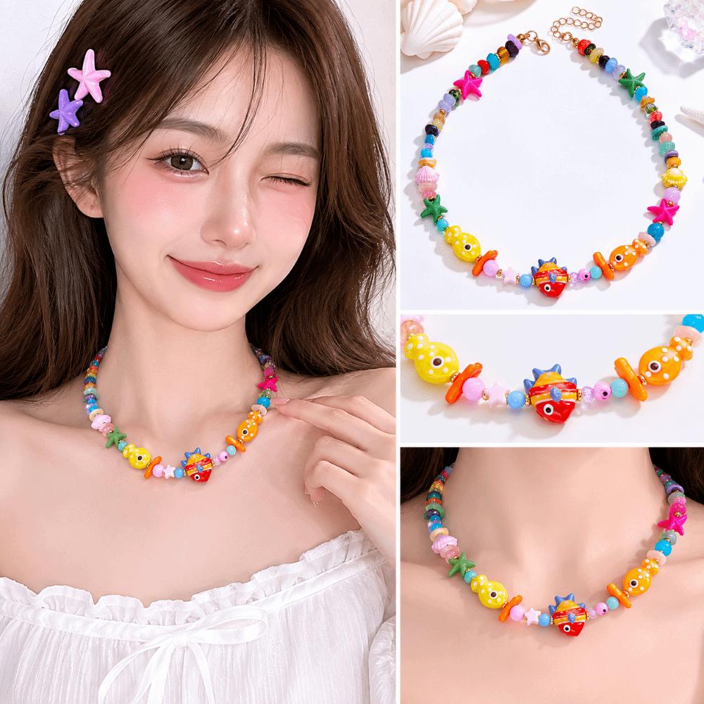 Resin Colorful Fish Necklace Ceramic Beaded Necklace Lovely Fish Charms Pendant Vacation