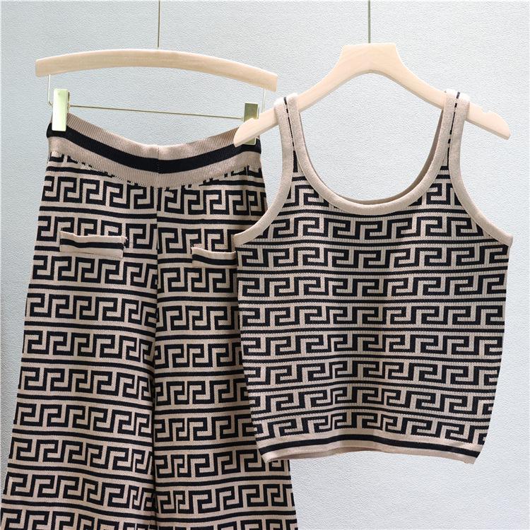 Women's Autumn/Winter Jacquard Knit Cardigan, Vest, and Wide-Leg Pants Set