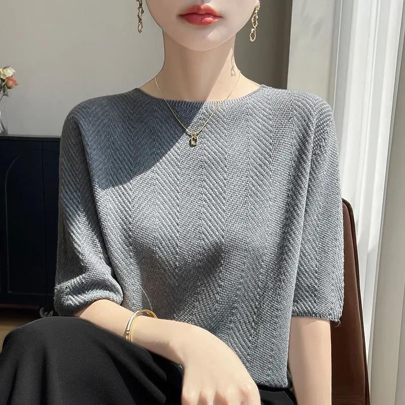 

Women Pink Herringbone Knit Round Neck Half Sleeve Sweater M серый