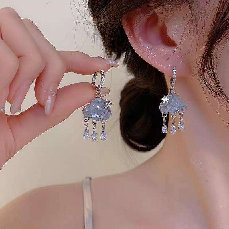 Elegant Blue Crystal Cloud Tassel Earrings for Women - Luxurious and Versatile Accessory