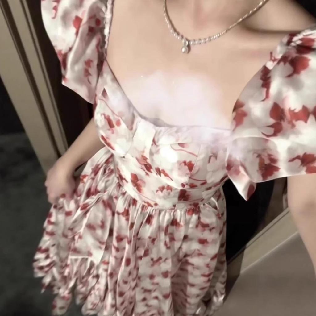 Atemberaubendes französisches Campanula Rosa Blumen Chiffon Sommerkleid - Super Feenhaft Langer Stil