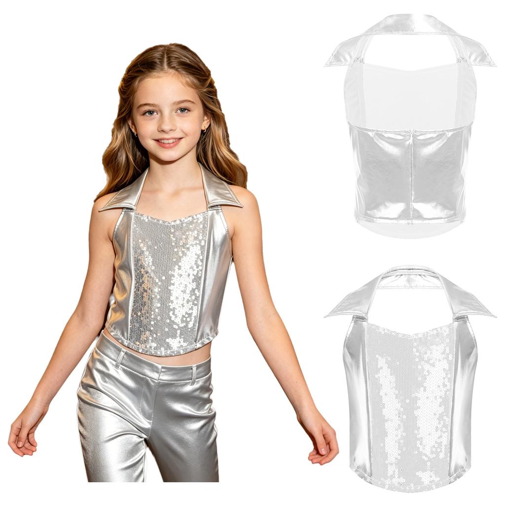 Haut court à col bénitier Jazz Disco pour fille avec paillettes et sequins brillants devant, sans manches, dos nu, fermeture éclair au dos, débardeur métallique brillant pour costume de scène