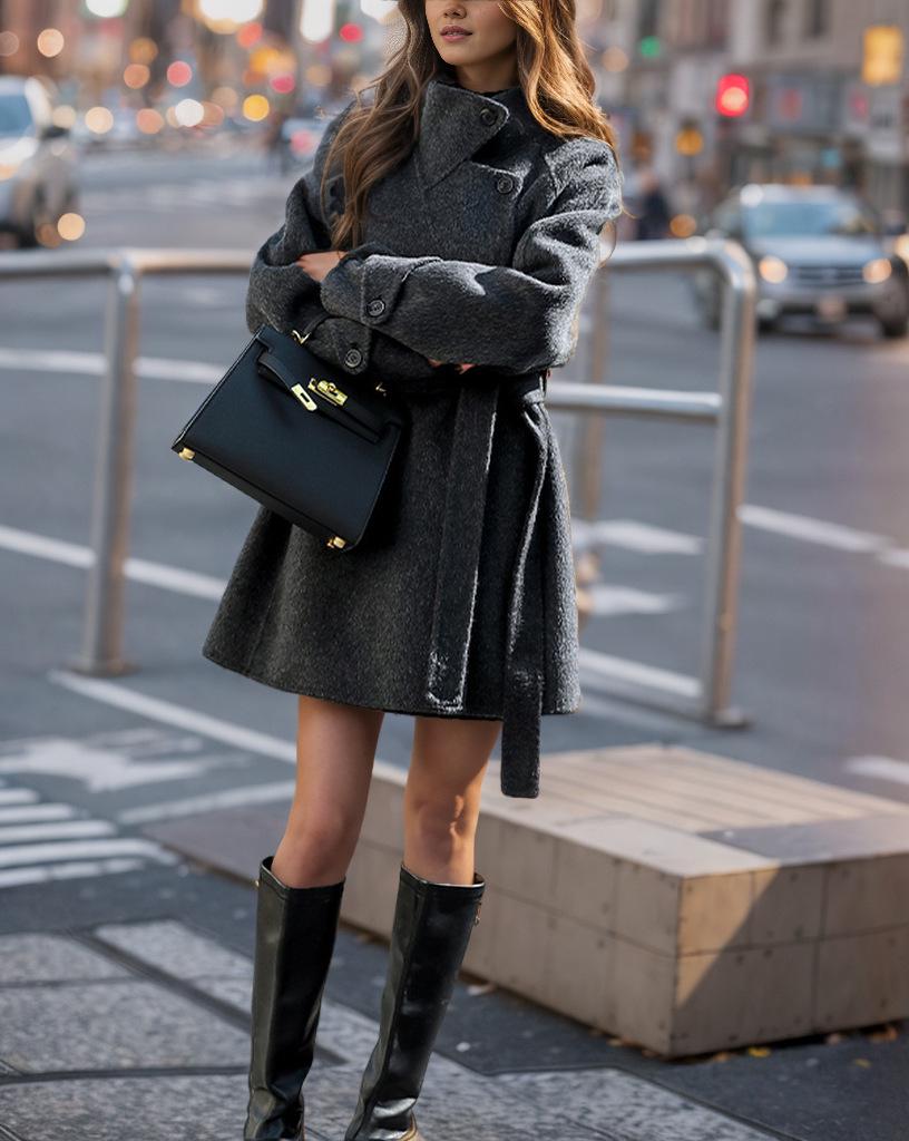 2024 Autumn/Winter Women's Stand Collar Tie Waist Wool Coat