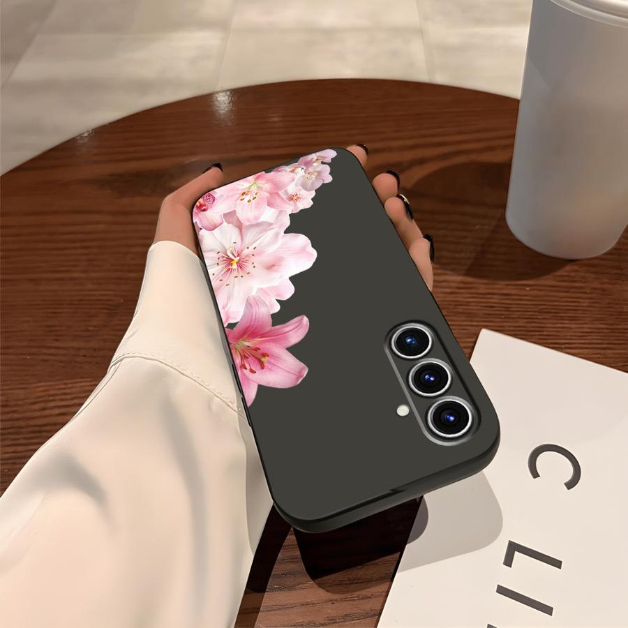 Case for Samsung Galaxy A70 A06 A04 A05 A50 A40 A16 A20 A13 A17 A10 A12 A30 A15 Black Soft Phone Cover Pink Lily Flower Pattern