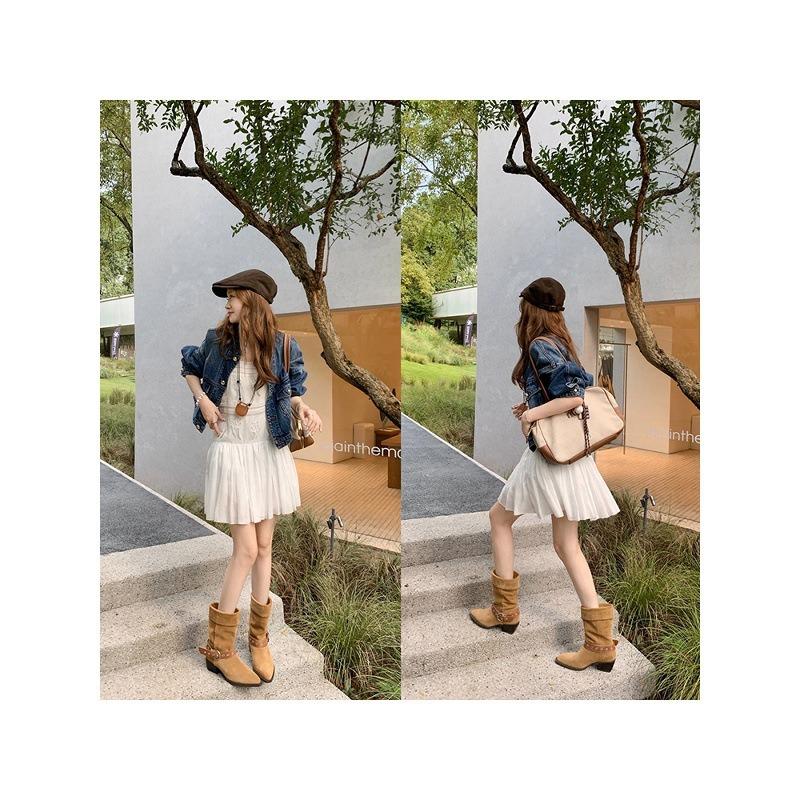 Cowhide~ Dunhuang Stack Boots 5cm Thick Heel Buckle Western Cowboy Knight Short Boots Women's Desert Boots
