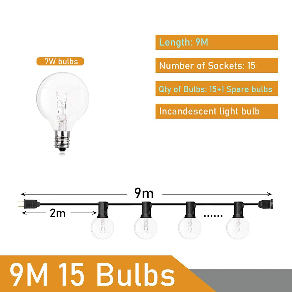 Warmweiß, 25 klare Glühbirnen, G40-Lichterkette, Globus, Party, Weihnachten, Lichterkette für Garten, Baum, Straße, Hochzeit, draußen, drinnen, Dezember
