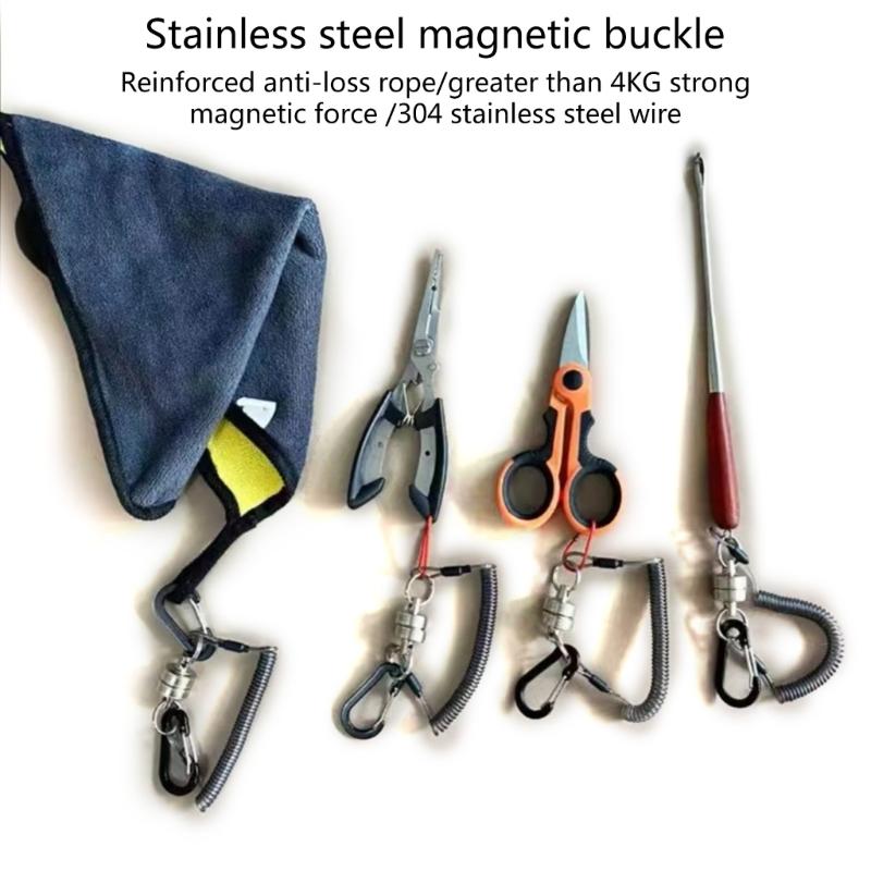 Fly Fishing Magnetic Net Release Holder Keeper with Coiled Lanyard Strong Magnet Carabine Fast Buckle Anti-Drop Rope