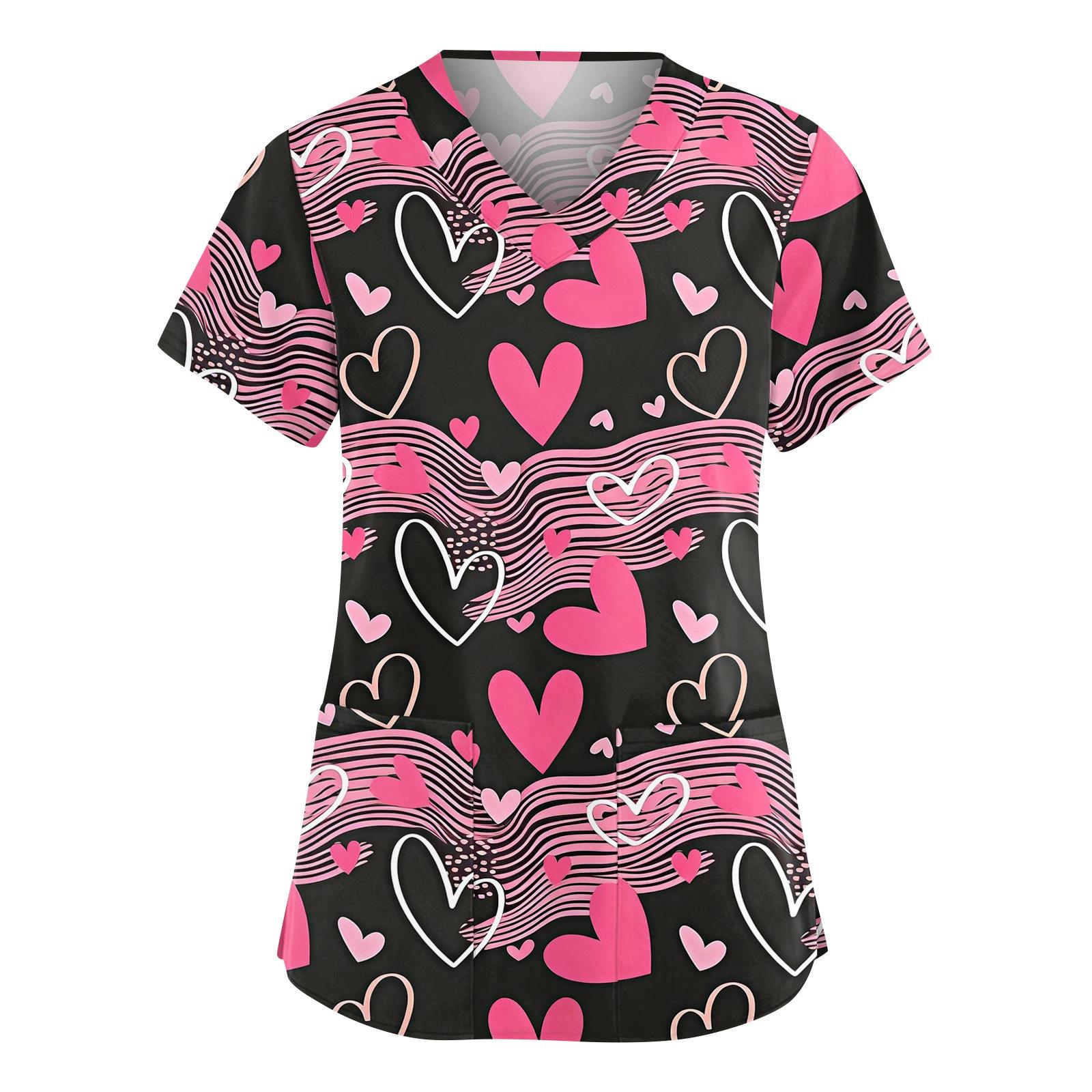 

Женский модный рабочий топ с V-образным вырезом, принтом, короткими рукавами, карманом, боковым разрезом, базовый пуловер L чёрный