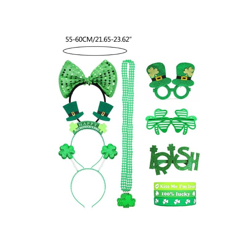 St Patricks Day Women Shamrock Headband with Bangles&Beads Necklace&Glasses Festival Costume for Cosplay Performances