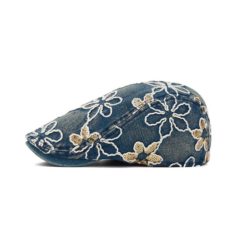 Spring Summer Newsboy Hat Women Sequins Embroidered Flower Beret Denim Retro Progressive Hat