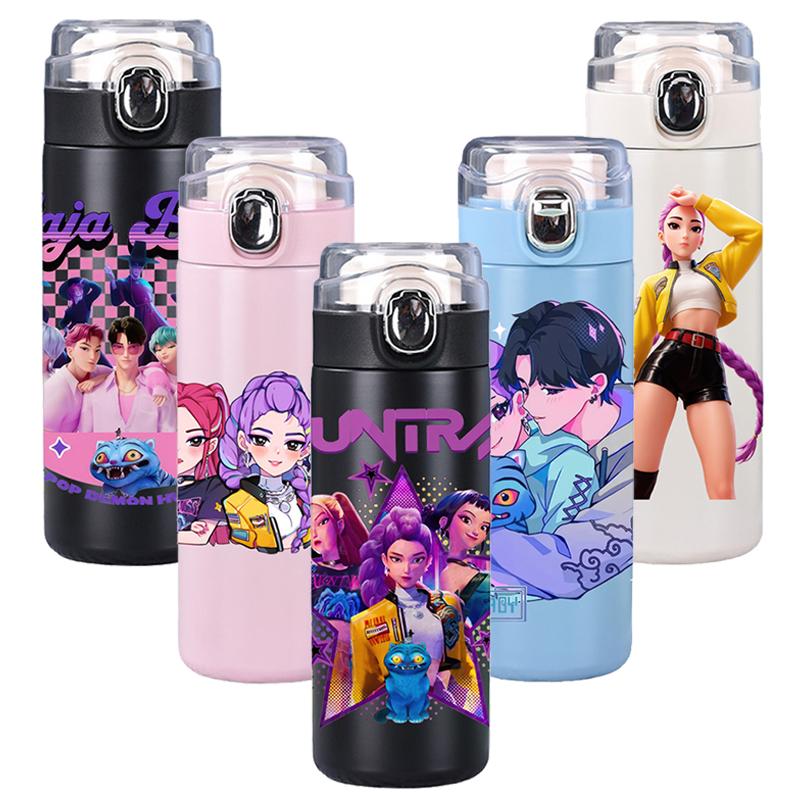 New Anime K-Pop Demon Hunters Printed 400Ml Water Bottle Thermos Cup Portable Stainless Steel Leak Proof Camping Water Cup Kid Gifts