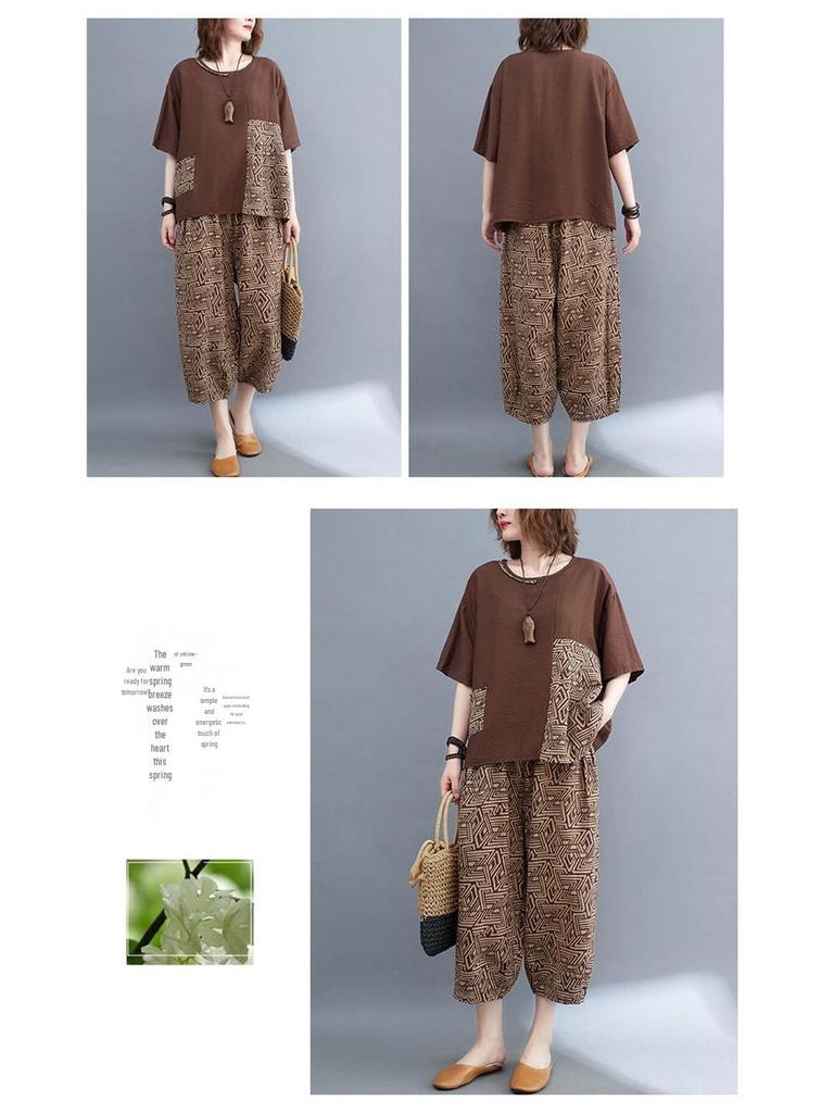 2026 Summer Women's Slimming Suit: Loose Top & Printed Nine-Point Pants Plus Size Two-Piece Set