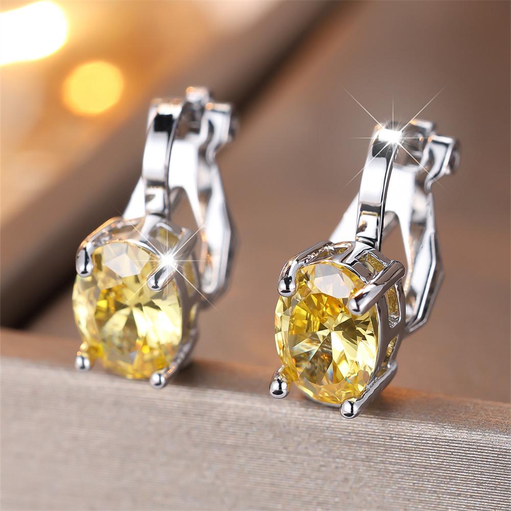 Pendientes de Clip Pequeños Lindos con Piedra Ovalada de Circonita Arcoíris Para Mujeres Pendiente de Compromiso Color Plata Vintage Joyería de Cristal Multicolor