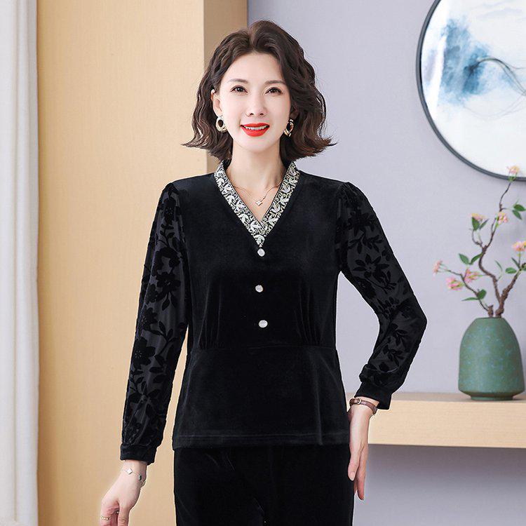 

2026 New V-Neck Velvet Long-Sleeve T-Shirt for Middle-Aged and Elderly Women - Spring/Autumn Wear 4XL